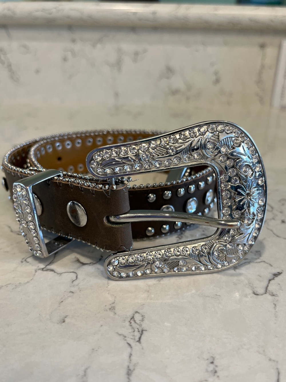 Girls Brown Studded Western Belt with Ornate Silver Buckle